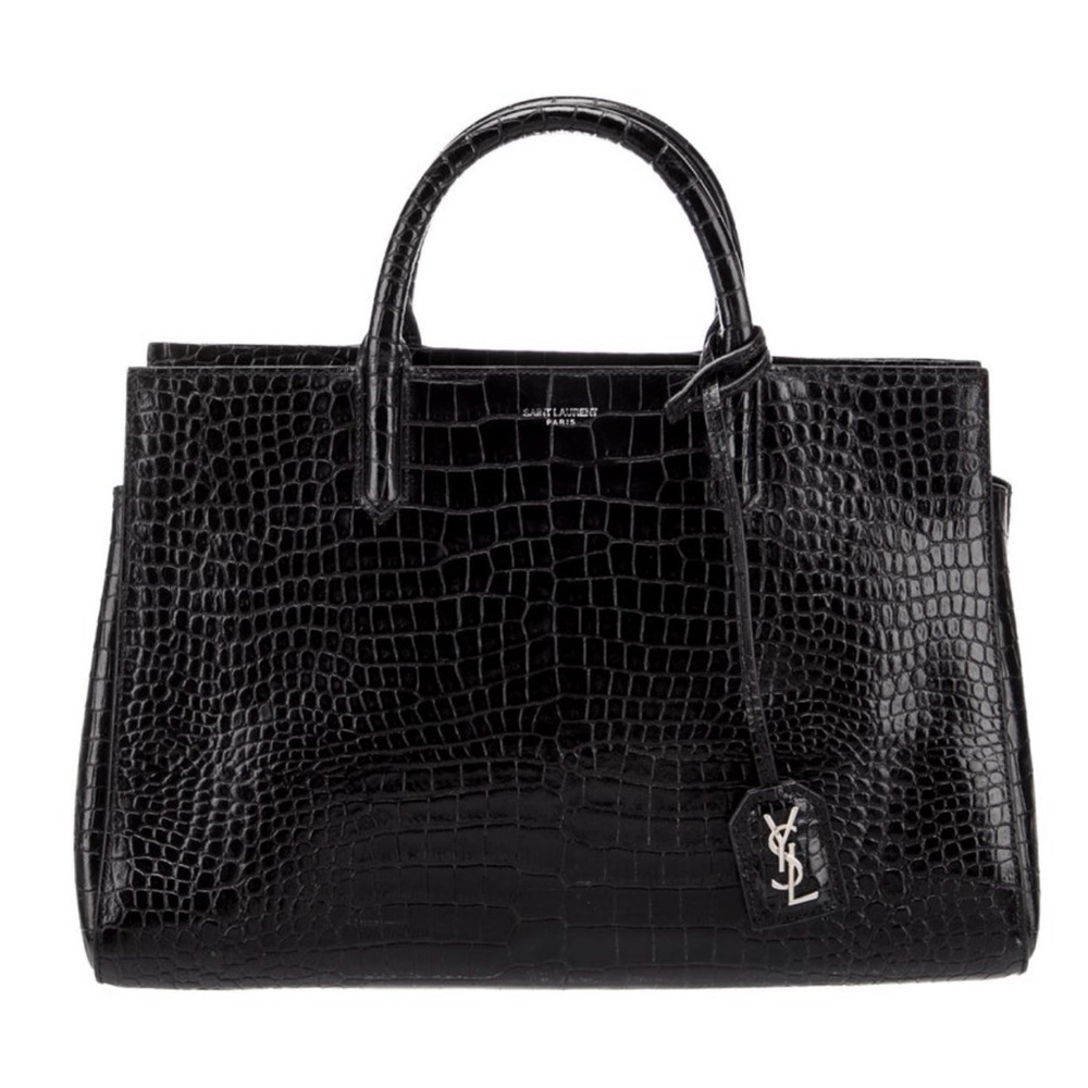 Saint Laurent Black Croc-Embossed Rive Gauche Small Leather Top Handle Bag